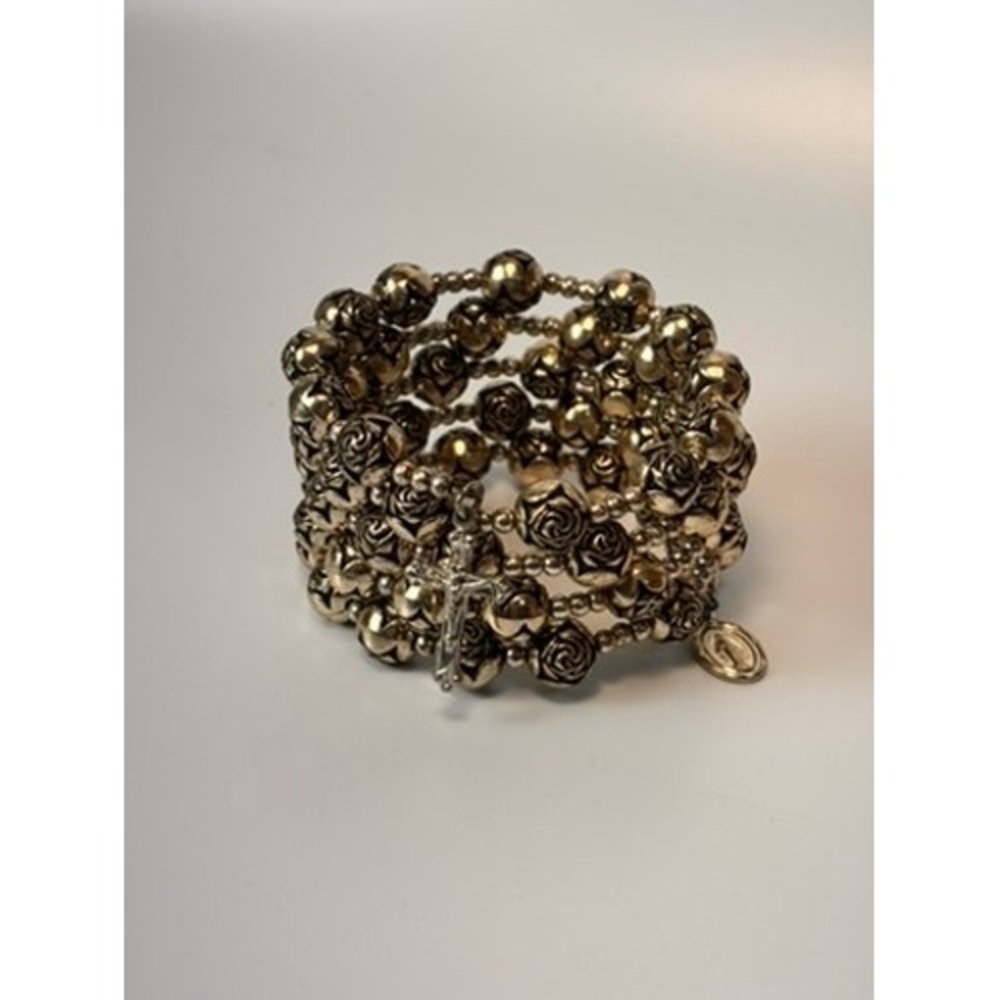 Y2K Vintage Rosary Wrap Bracelet Gold Rose Bead Stacked Crucifix Whimsygoth Goth